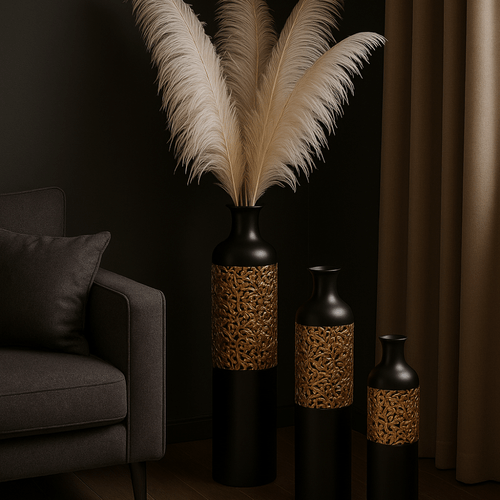 Luxury Black Metal Vase Set of 3 Large Glazed Home Decor Vases for - CASA DESIGN