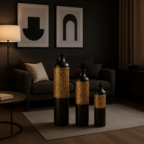 Luxury Black Metal Vase Set of 3 Large Glazed Home Decor Vases for - CASA DESIGN